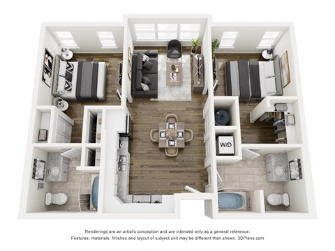 A 3D floor plan of a house with a living room, kitchen, dining room, and bathrooms.